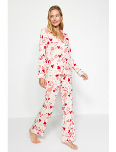 Trendyol Multicolored Heart Pile Detailed Viscose Shirt-Pants Woven Pajamas Set