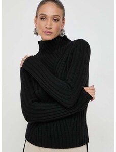 Vuneni pulover BOSS za žene, boja: crna, topli, s poludolčevitom