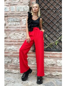 Trend Alaçatı Stili Ženski crveni dvostruki džepovi visokog struka plisirani Palazzo hlače s snap pričvršćivačem