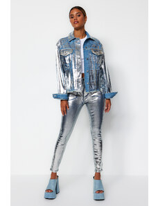 Trendyol srebrna sjajna metalik tiskana traper jakna
