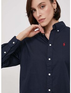 Pamučna košulja Polo Ralph Lauren za žene, boja: tamno plava, relaxed, s klasičnim ovratnikom
