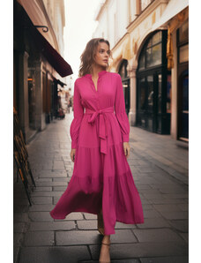 Trendyol tamno ružičasta tkana haljina s remenom i detaljem gumba Grand Collar