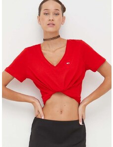 Pamučna majica Tommy Jeans za žene, boja: crvena