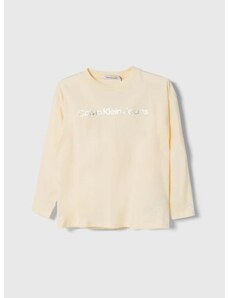 Dječja pamučna majica dugih rukava Calvin Klein Jeans boja: bež, s tiskom