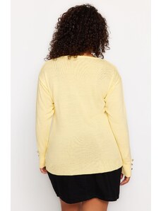 Trendyol krivulja svijetlo žuta V-izrez gumb detaljan pletenina džemper