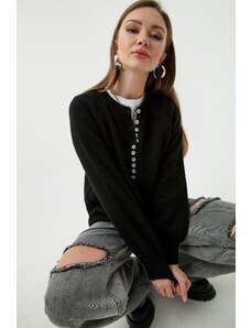 Lafaba ženski crni gumb dolje dolčevita prugasta pletenina džemper