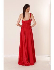 By Saygı Pletenje struka s jednim remenom plisirana duga haljina s prorezom crvenom bojom