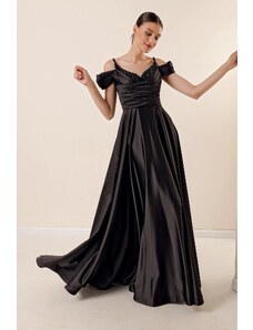 By Saygı Remen za uže Kamen niskih rukava detaljan prednji drapirani obloženi dugi satenski večernja haljina crna