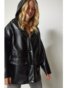 Happiness İstanbul Sreća İstanbul Ženski crni kaput od umjetne kože s kapuljačom s džepom