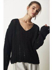 Happiness İstanbul Sreća İstanbul Ženska crna poderana detaljna oversize pletenina džemper