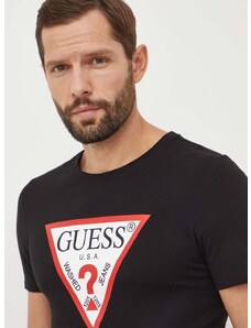 Pamučna majica Guess za muškarce, boja: crna, s tiskom