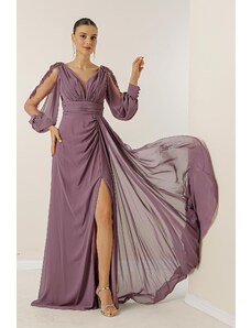 By Saygı V-izrez duga večernja šifonska haljina s drapirajućim i obloženim rukavima.
