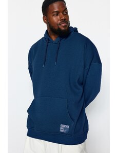Trendyol Indigo Men's Plus Size Basic Comfortable Hooded Labeled Fleece Cotton Sweatshirt