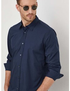 Pamučna košulja BOSS za muškarce, boja: tamno plava, slim, s klasičnim ovratnikom
