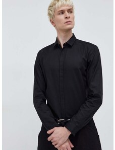Pamučna košulja HUGO za muškarce, boja: crna, slim, s klasičnim ovratnikom