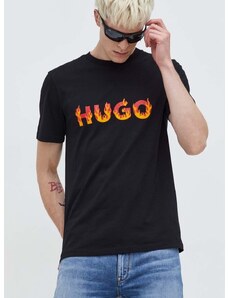 Pamučna majica HUGO za muškarce, boja: crna, s tiskom