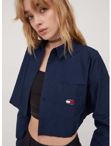 Pamučna košulja Tommy Jeans za žene, boja: tamno plava, relaxed, s klasičnim ovratnikom