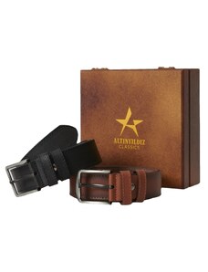 ALTINYILDIZ CLASSICS Men's Black-Brown Jeans Belt Set of 2 with Special Wooden Gift Box Groom's Pack