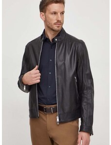Kožna jakna BOSS za muškarce, boja: crna, za prijelazno razdoblje