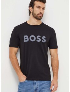 Pamučna majica Boss Green za muškarce, boja: crna, s aplikacijom
