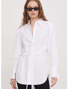 Pamučna košulja HUGO za žene, boja: bijela, relaxed, s klasičnim ovratnikom