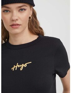 Pamučna majica HUGO za žene, boja: crna