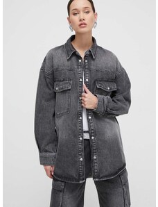 Traper jakna HUGO za žene, boja: siva, za prijelazno razdoblje, oversize