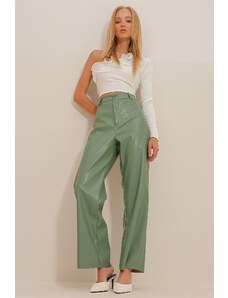 Trend Alaçatı Stili Ženske zelene dvostruke džepne Palazzo kožne hlače