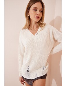 Happiness İstanbul Women's Cream V-Neck Ripped Detailed Knitwear Sweater