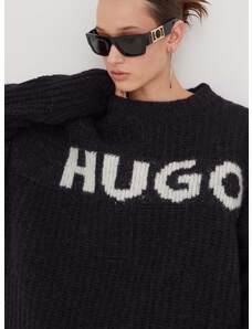 Vuneni pulover HUGO za žene, boja: crna, topli