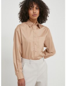 Pamučna košulja Calvin Klein za žene, boja: bež, relaxed, s klasičnim ovratnikom