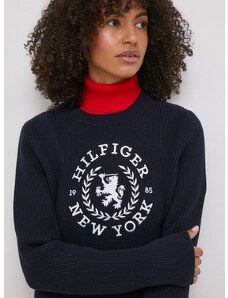 Pamučni pulover Tommy Hilfiger boja: tamno plava, topli