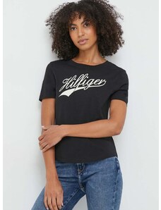 Pamučna majica Tommy Hilfiger za žene, boja: crna