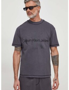 Pamučna majica Calvin Klein Jeans za muškarce, boja: siva, s aplikacijom