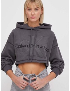 Pamučna dukserica Calvin Klein Jeans za žene, boja: siva, s kapuljačom, s aplikacijom