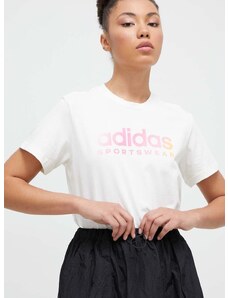 Pamučna majica adidas za žene, boja: bež IR5890