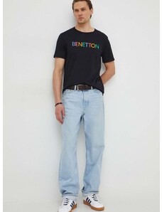 Pamučna majica United Colors of Benetton za muškarce, boja: crna, s tiskom