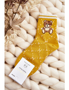 Kesi Patterned socks for women with teddy bear, yellow