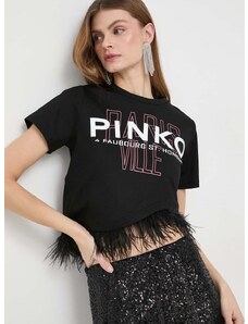 Pamučna majica Pinko za žene, boja: crna