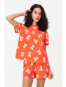 Trendyol Cinnamon 100% Cotton Teddy Bear Patterned T-shirt-Shorts Knitted Pajamas Set
