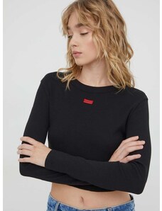 Majica dugih rukava HUGO za žene, boja: crna