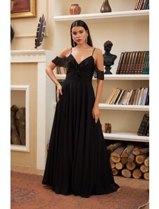 Carmen Black Chiffon Long Evening Dress with Ruffles on the chest.