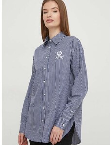 Pamučna košulja Lauren Ralph Lauren za žene, boja: tamno plava, regular, s klasičnim ovratnikom