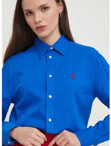 Pamučna košulja Polo Ralph Lauren za žene, boja: tamno plava, regular, s klasičnim ovratnikom