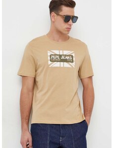 Pamučna majica Pepe Jeans za muškarce, boja: bež, s tiskom