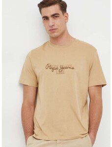 Pamučna majica Pepe Jeans Chris za muškarce, boja: bež, s tiskom