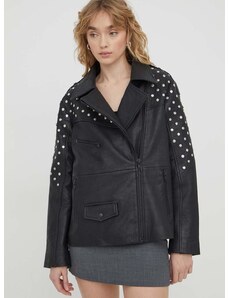 Kožna jakna Bruuns Bazaar za žene, boja: crna, za prijelazno razdoblje, oversize