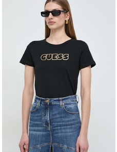 Pamučna majica Guess za žene, boja: crna