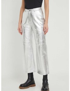 Kožne hlače Pepe Jeans za žene, boja: srebrna, ravni kroj, visoki struk