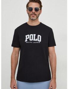 Pamučna majica Polo Ralph Lauren za muškarce, boja: crna, s tiskom